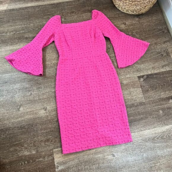 Trina Turk Pink Favor Bell Flare Sleeve Dress Textured Floral - Picture 3 of 6